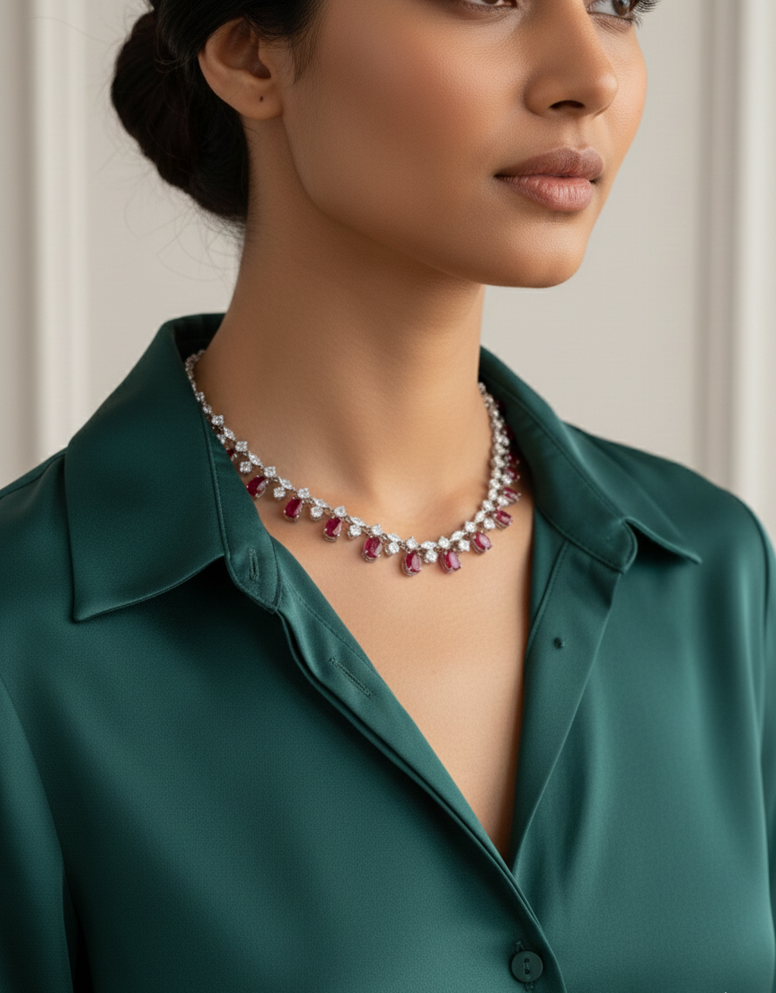 Elegant Ruby & Zircon Necklace | S925 Sterling Silver | Luxury Statement Jewelry
