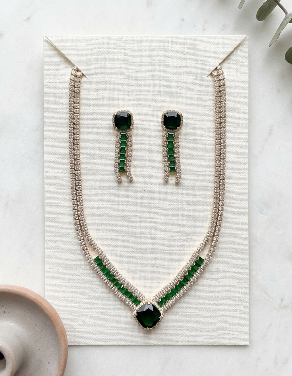 Lush Emerald Glamour: Deep Green Cubic Zirconia Jewelry Set in Gold-Plated Copper