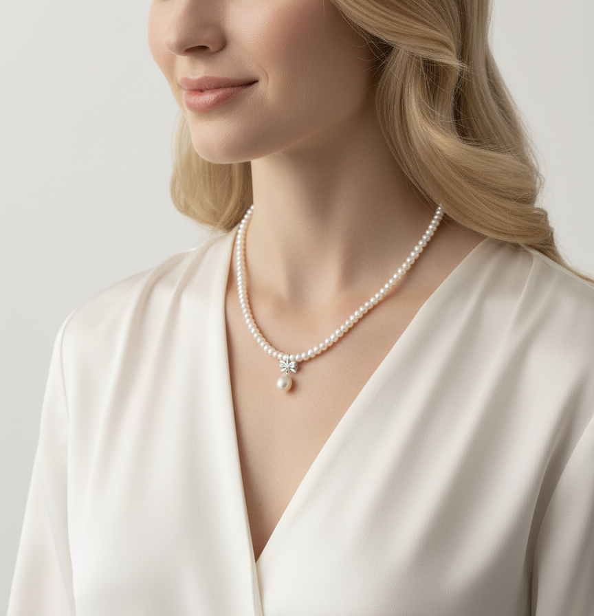 S925 Sterling Silver Freshwater Pearl Necklace with Bow Pendant
