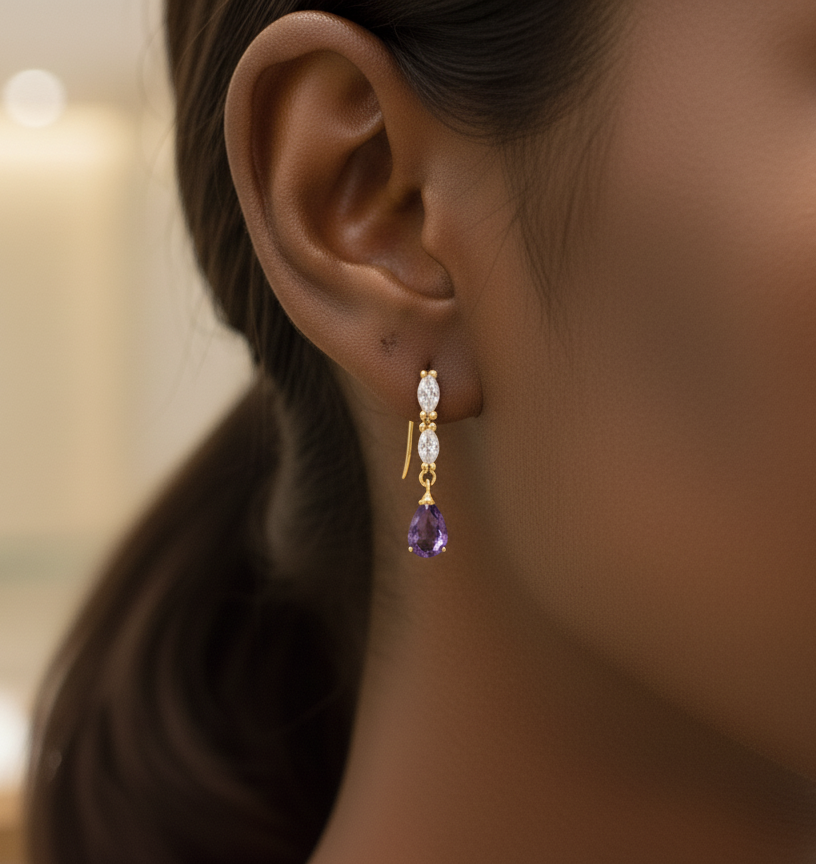 Elegant S925 Silver Amethyst Drop Earrings