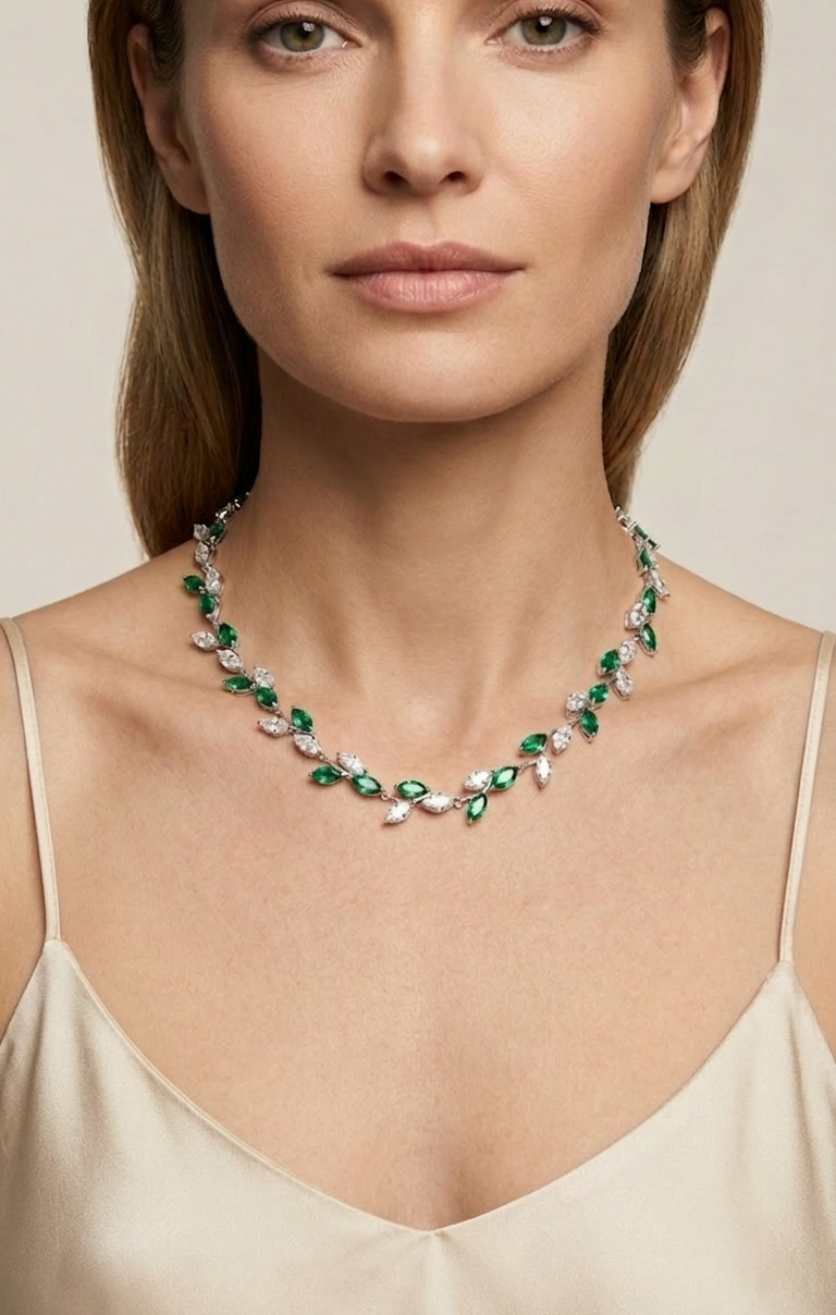 S925 Sterling Silver Leaf Necklace – Simulated Emerald & Zircon Statement Jewelry