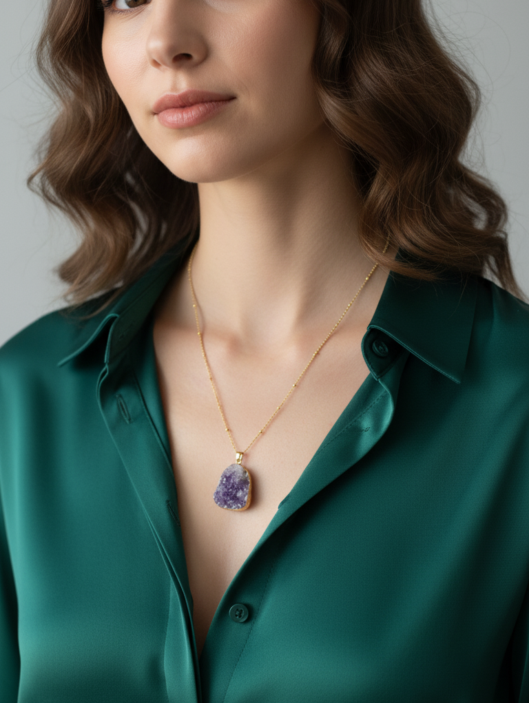 Natural Amethyst Pendant Necklace – Gold-Plated Stainless Steel Chain