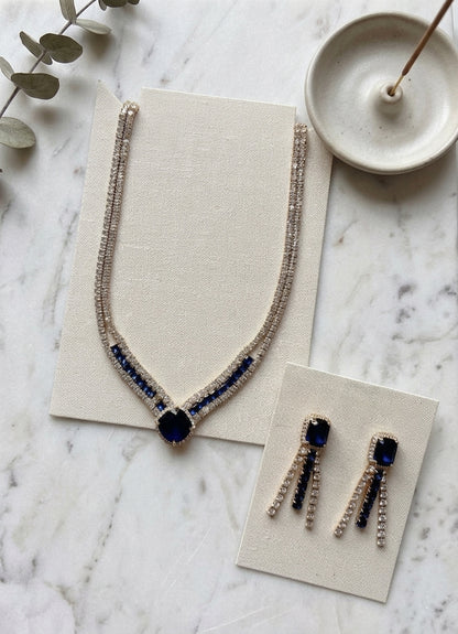 Regal Elegance: Royal Blue Cubic Zirconia Jewelry Set in Gold-Plated Copper