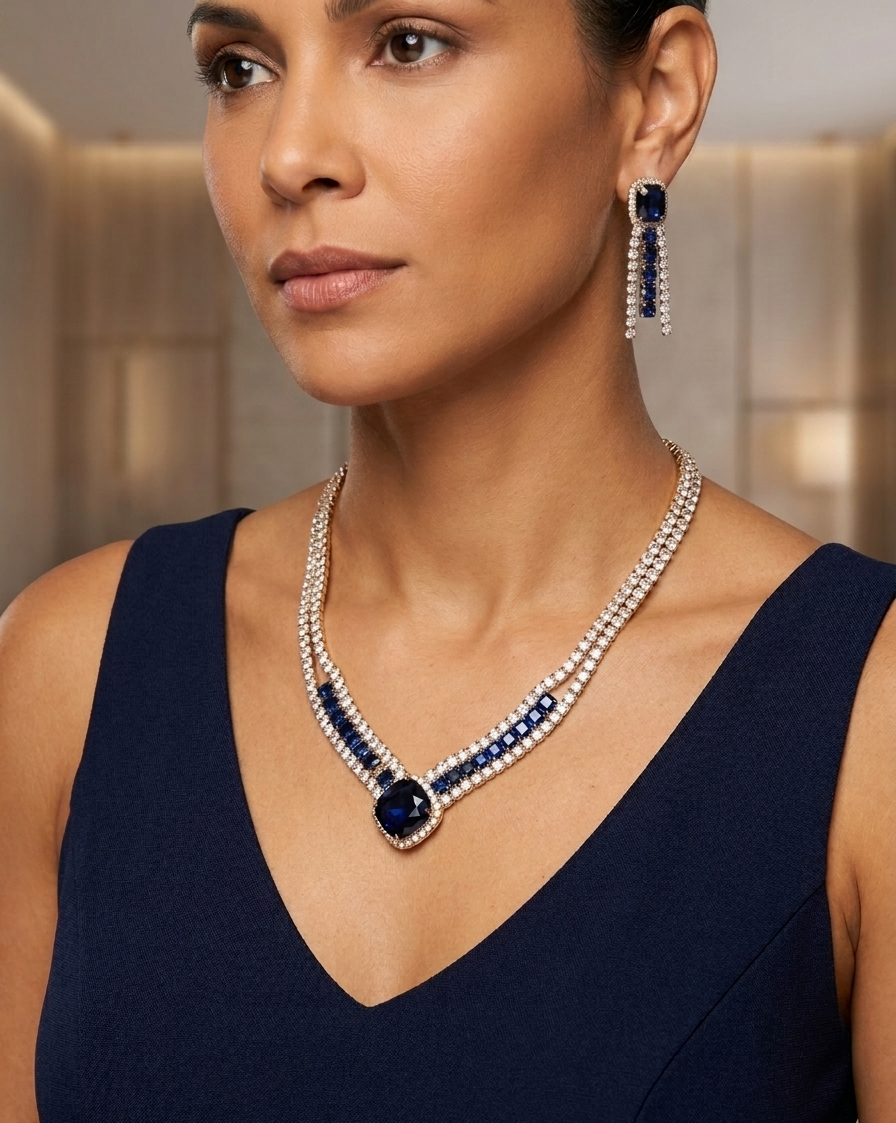 Regal Elegance: Royal Blue Cubic Zirconia Jewelry Set in Gold-Plated Copper