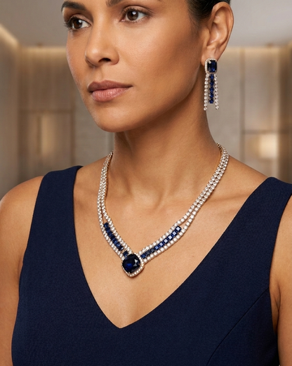 Regal Elegance: Royal Blue Cubic Zirconia Jewelry Set in Gold-Plated Copper