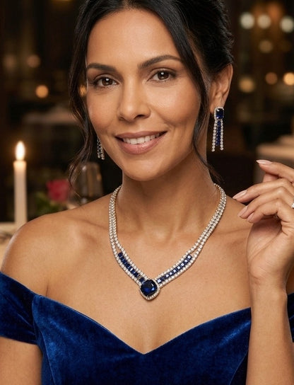 Regal Elegance: Royal Blue Cubic Zirconia Jewelry Set in Gold-Plated Copper