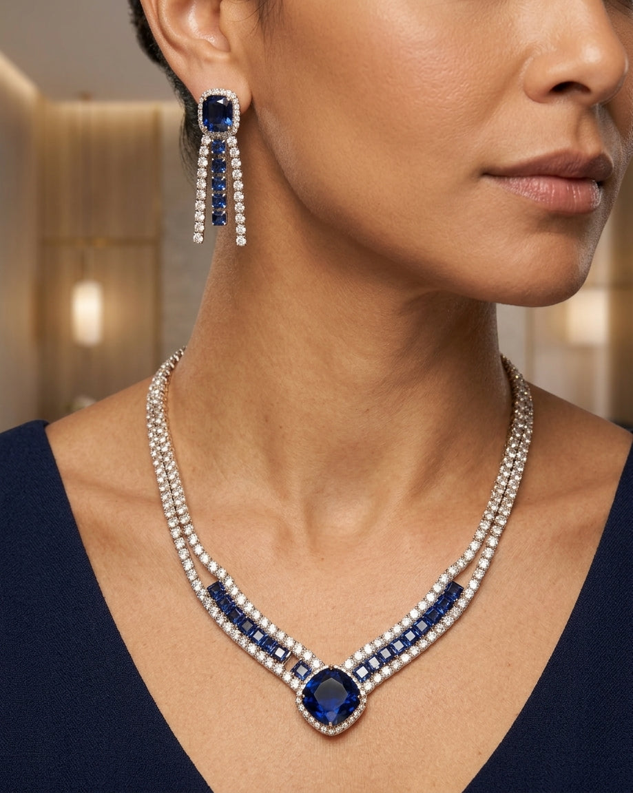 Regal Elegance: Royal Blue Cubic Zirconia Jewelry Set in Gold-Plated Copper