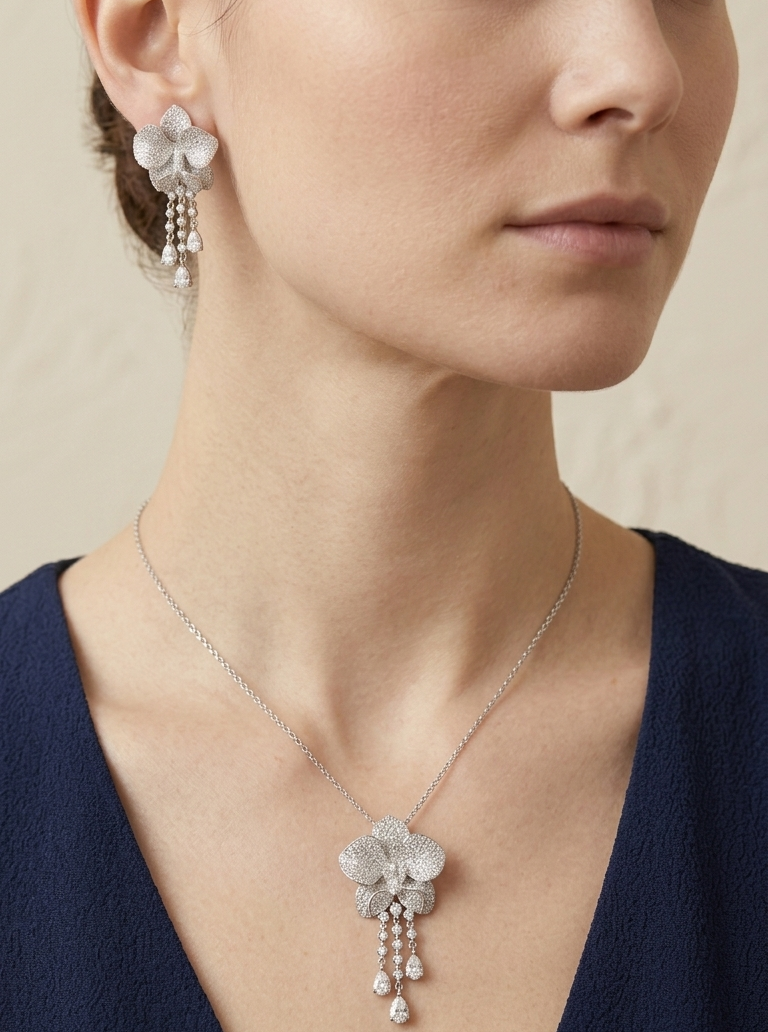 Elegant Floral Pendant Necklace & Earrings Set – Sparkling Zirconia Statement Jewelry