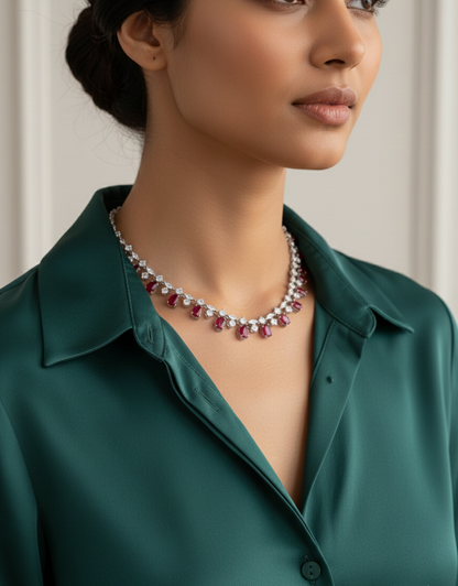 Elegant Ruby & Zircon Necklace | S925 Sterling Silver | Luxury Statement Jewelry