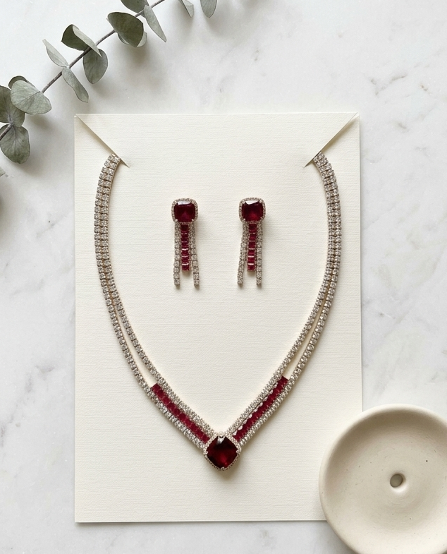 Radiant Ruby Red: Crimson Cubic Zirconia Jewelry Set in Gold-Plated Copper