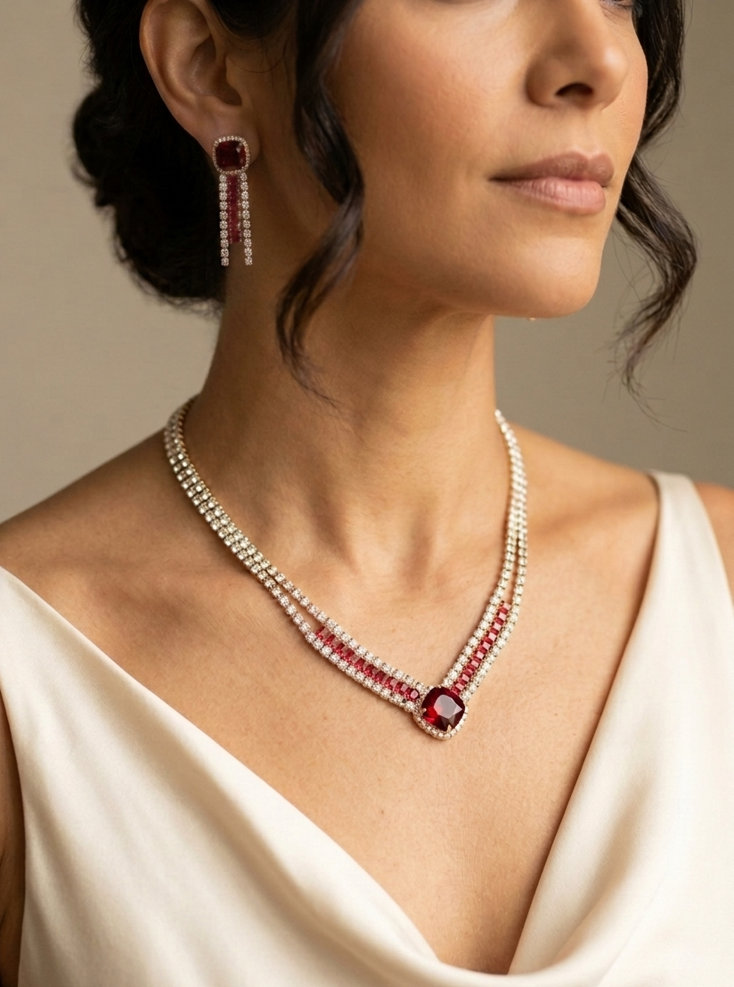 Radiant Ruby Red: Crimson Cubic Zirconia Jewelry Set in Gold-Plated Copper
