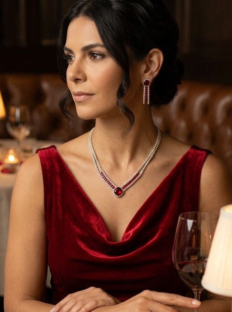 Radiant Ruby Red: Crimson Cubic Zirconia Jewelry Set in Gold-Plated Copper