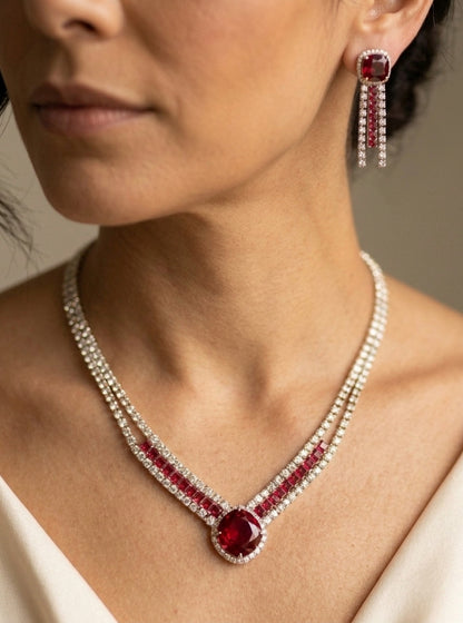 Radiant Ruby Red: Crimson Cubic Zirconia Jewelry Set in Gold-Plated Copper