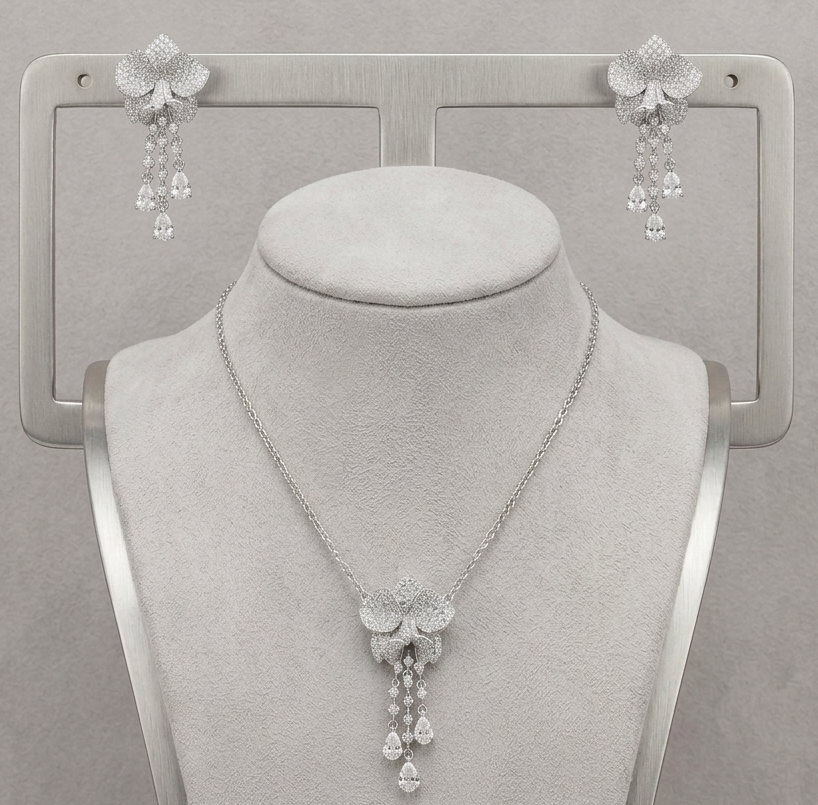 Elegant Floral Pendant Necklace & Earrings Set – Sparkling Zirconia Statement Jewelry