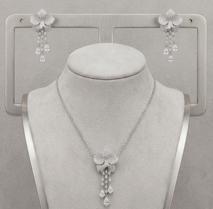 Elegant Floral Pendant Necklace & Earrings Set – Sparkling Zirconia Statement Jewelry