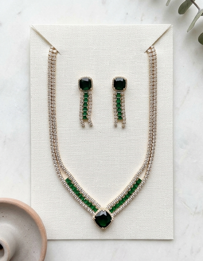 Lush Emerald Glamour: Deep Green Cubic Zirconia Jewelry Set in Gold-Plated Copper