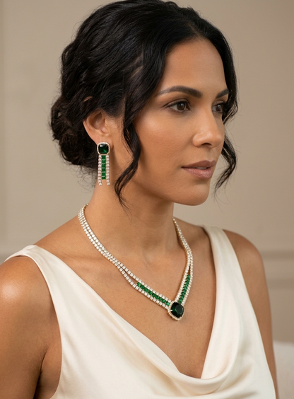 Lush Emerald Glamour: Deep Green Cubic Zirconia Jewelry Set in Gold-Plated Copper