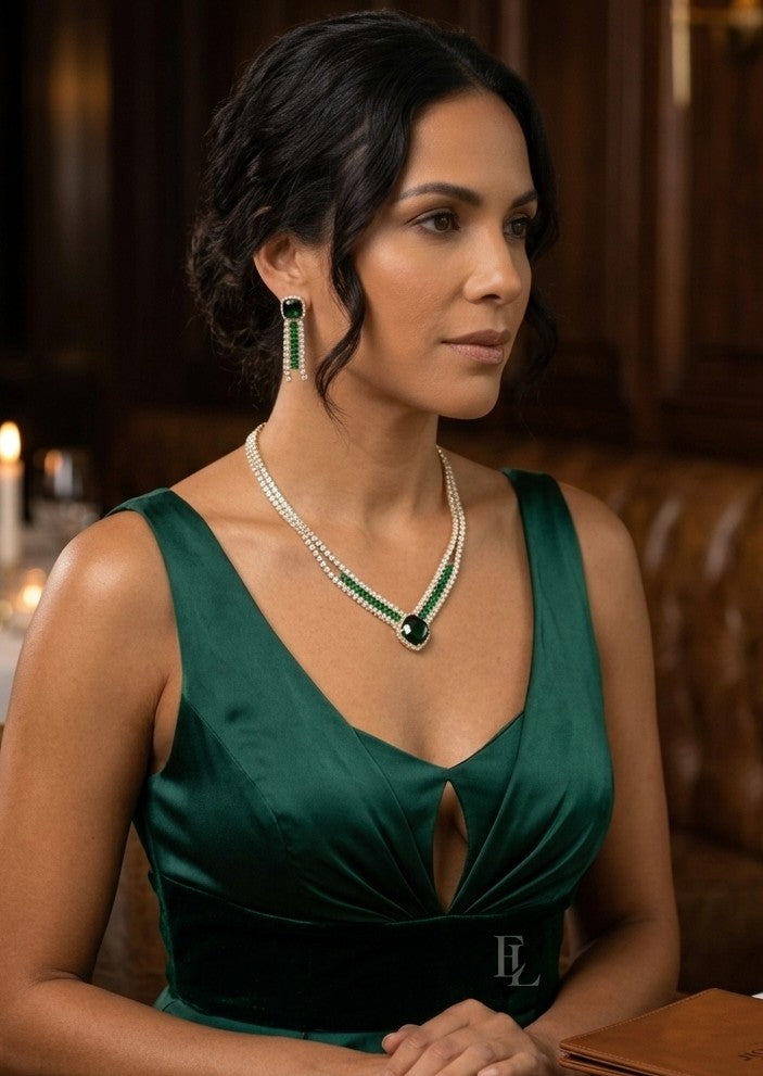 Lush Emerald Glamour: Deep Green Cubic Zirconia Jewelry Set in Gold-Plated Copper