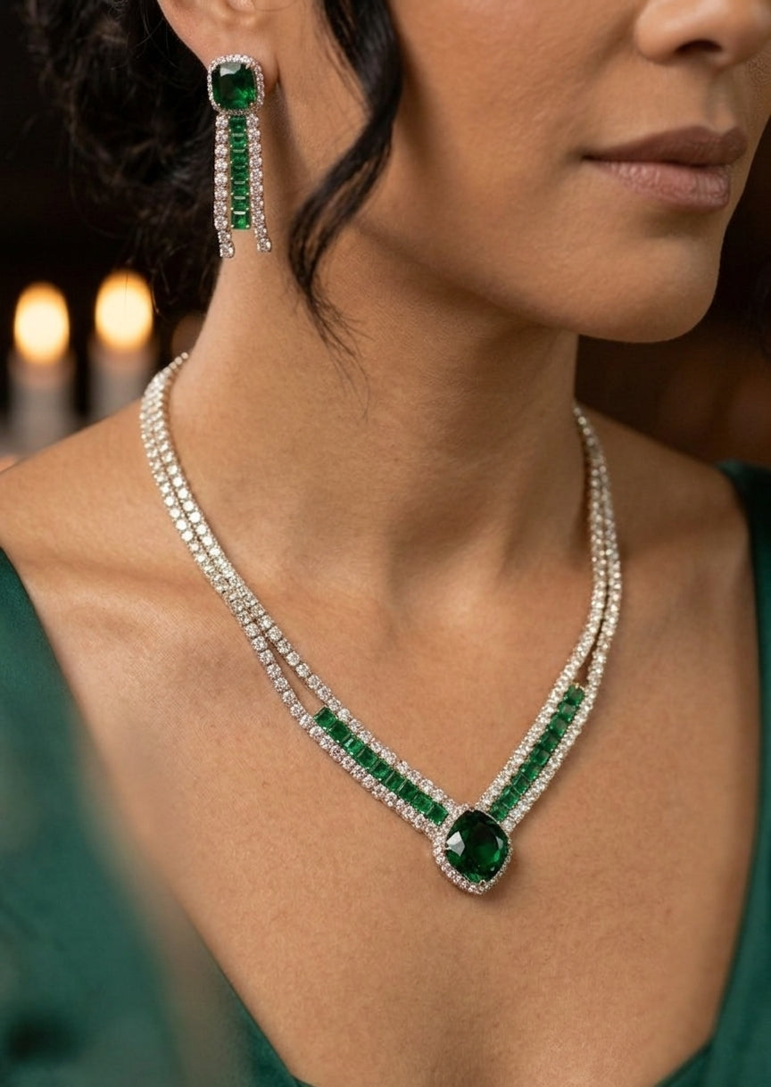 Lush Emerald Glamour: Deep Green Cubic Zirconia Jewelry Set in Gold-Plated Copper