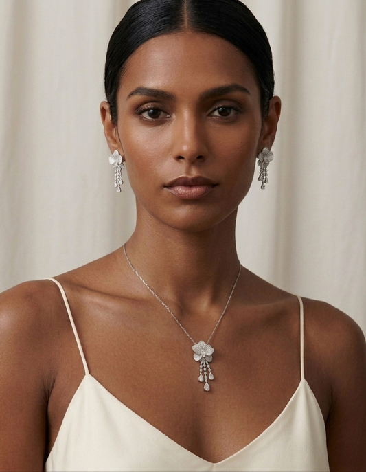Elegant Floral Pendant Necklace & Earrings Set – Sparkling Zirconia Statement Jewelry