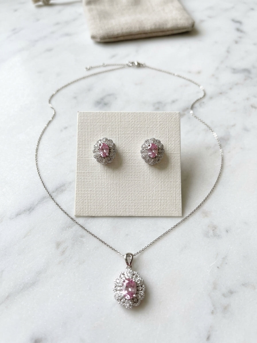Blushing Elegance: S925 Sterling Silver Lab Morganite & Moissanite Halo Set