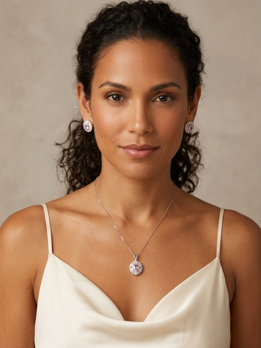 Blushing Elegance: S925 Sterling Silver Lab Morganite & Moissanite Halo Set