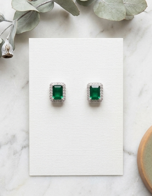 S925 Sterling Silver Lab-Grown Emerald & Diamond Halo Stud Earrings