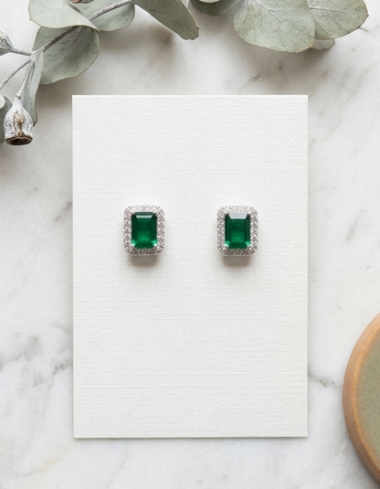 S925 Sterling Silver Lab-Grown Emerald & Diamond Halo Stud Earrings
