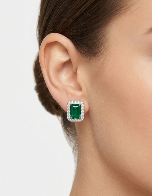 S925 Sterling Silver Lab-Grown Emerald & Diamond Halo Stud Earrings