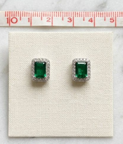 S925 Sterling Silver Lab-Grown Emerald & Diamond Halo Stud Earrings