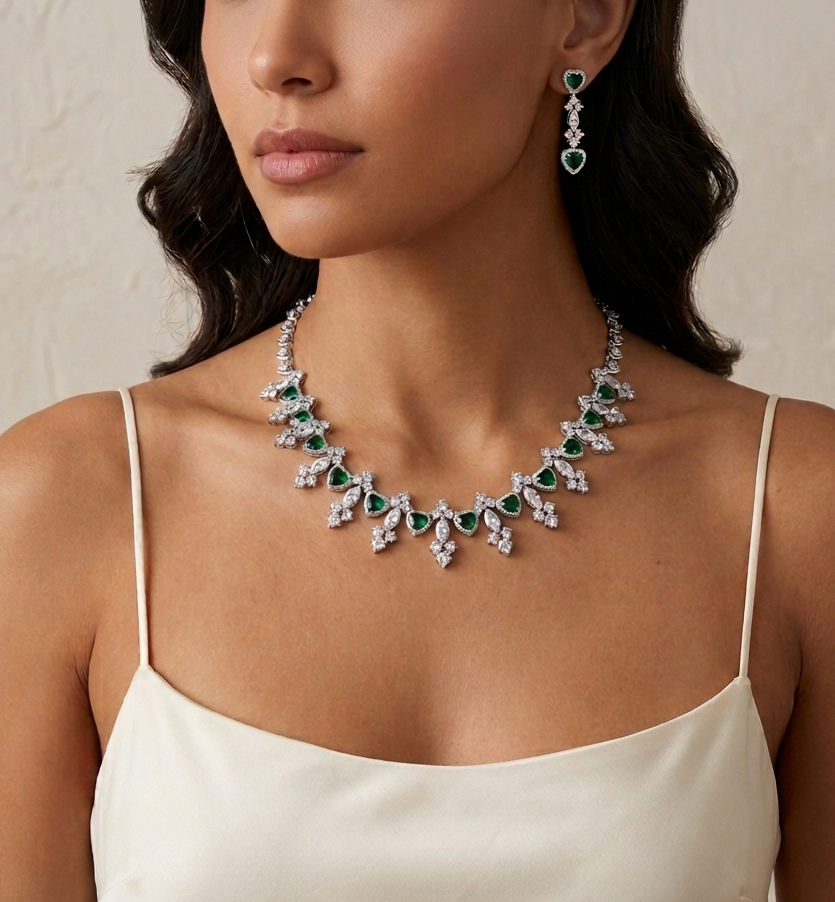 Emerald Green Statement Necklace & Earrings Set – Elegant Bridal Jewelry with Zirconia Sparkle