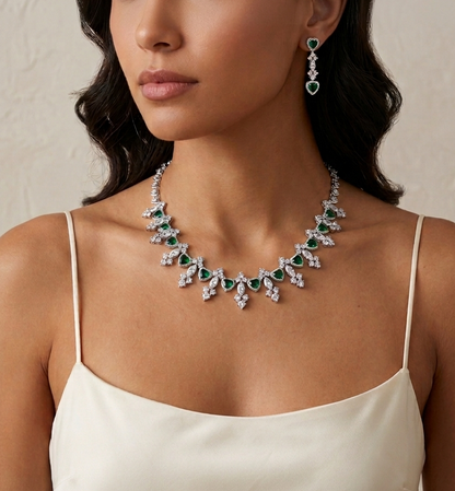 Emerald Green Statement Necklace & Earrings Set – Elegant Bridal Jewelry with Zirconia Sparkle