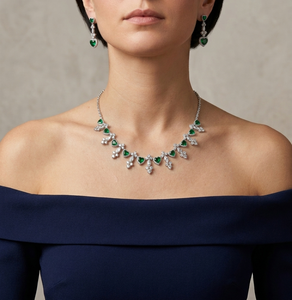 Emerald Green Statement Necklace & Earrings Set – Elegant Bridal Jewelry with Zirconia Sparkle