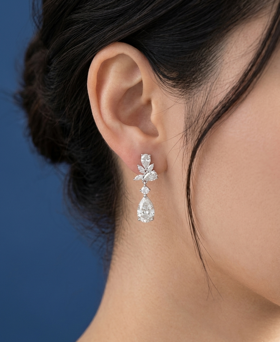 Pear Cut Cluster Moissanite Drop Earrings | Solid S925 Sterling Silver