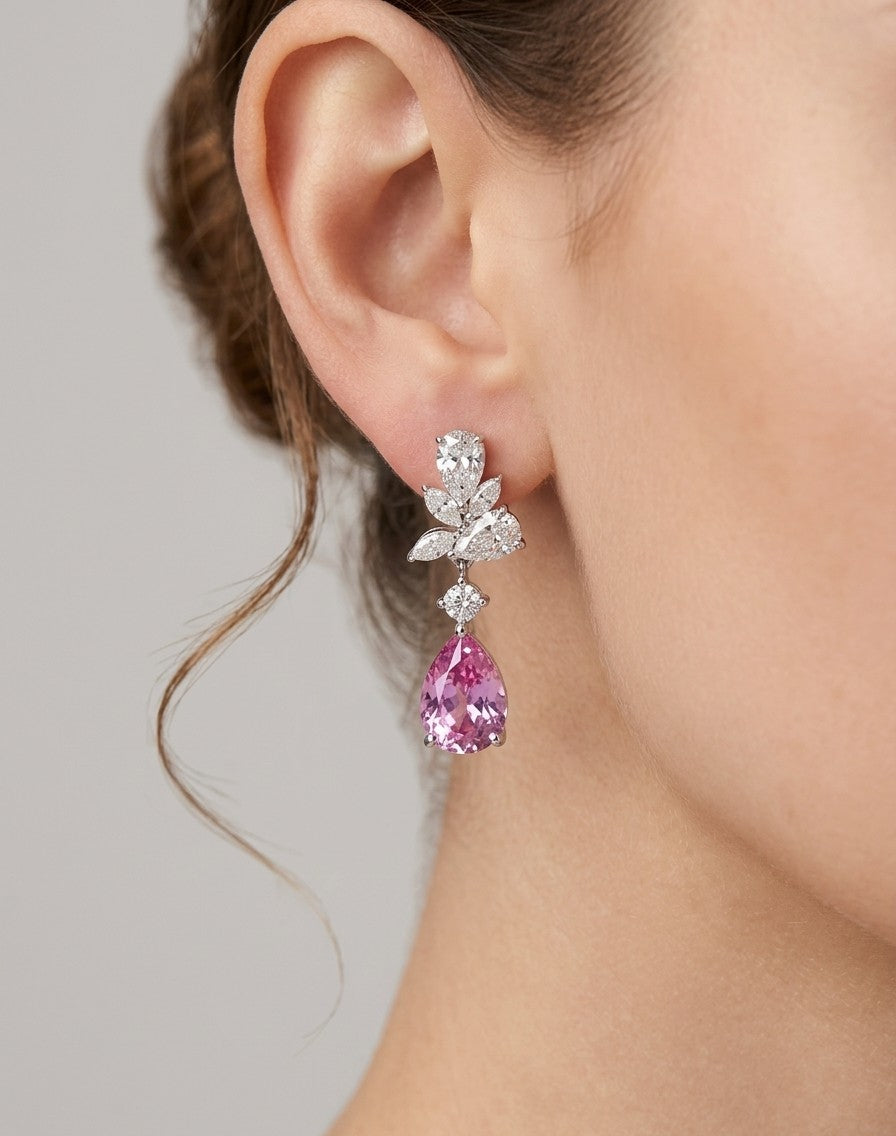 Romantic Elegance: S925 Sterling Silver Lab Morganite & Moissanite Drop Earrings (With Certificate)