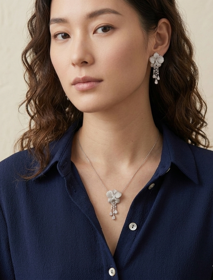 Elegant Floral Pendant Necklace & Earrings Set – Sparkling Zirconia Statement Jewelry