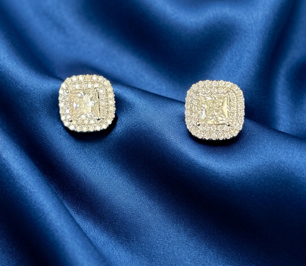 Princess Cut Double Halo Moissanite Studs | Solid S925 Sterling Silver