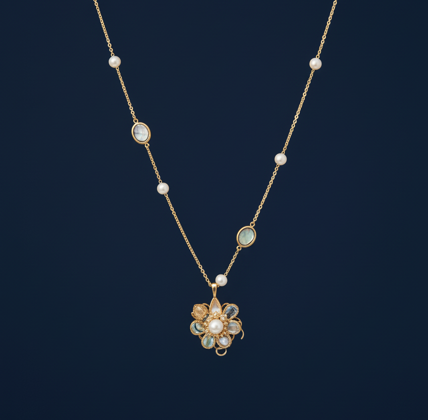 Gold Flower Pendant Necklace – Freshwater Pearls & Abalone Shells, Dainty Gemstone Chain
