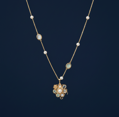 Gold Flower Pendant Necklace – Freshwater Pearls & Abalone Shells, Dainty Gemstone Chain