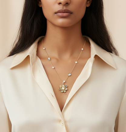 Gold Flower Pendant Necklace – Freshwater Pearls & Abalone Shells, Dainty Gemstone Chain