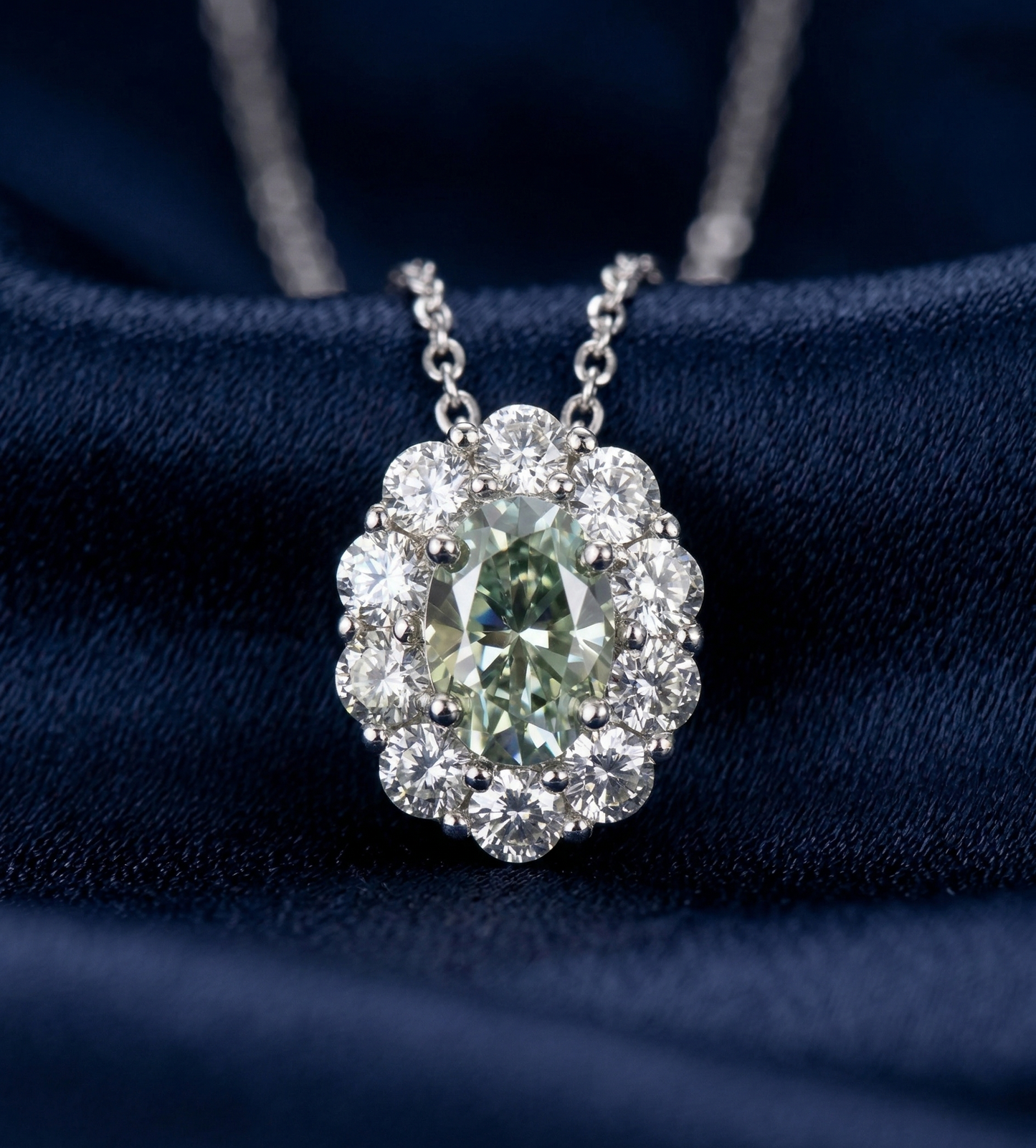 Vintage Oval Green Moissanite Halo Necklace | Solid S925 Sterling Silver
