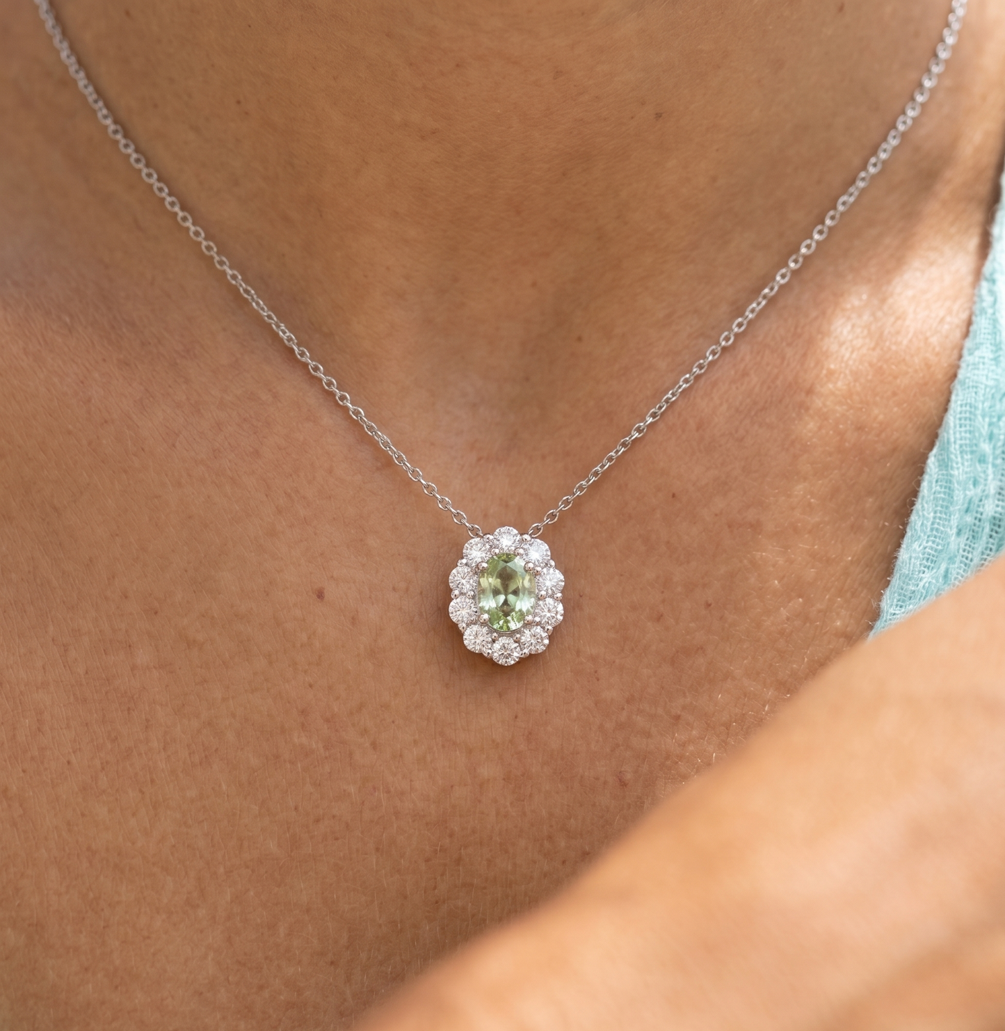 Vintage Oval Green Moissanite Halo Necklace | Solid S925 Sterling Silver