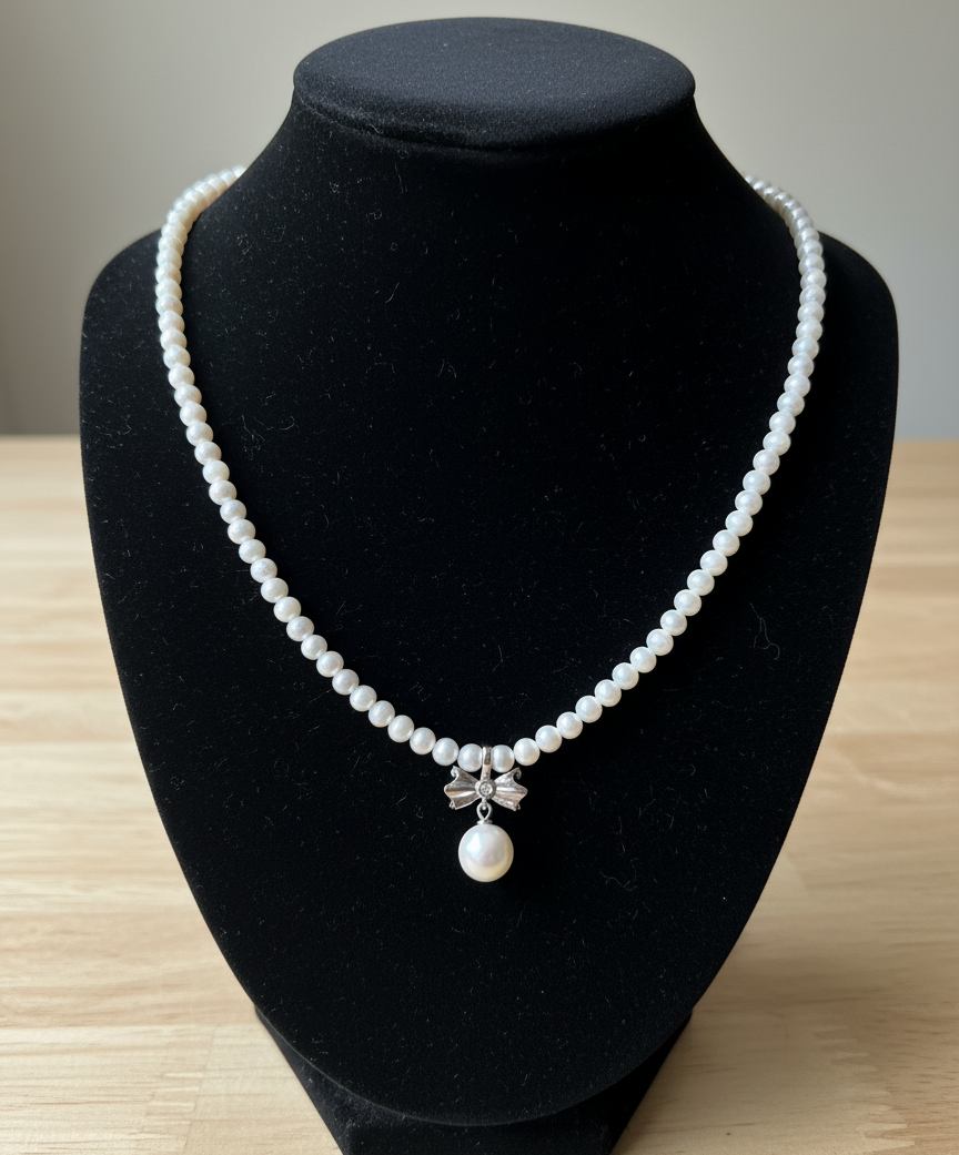 S925 Sterling Silver Freshwater Pearl Necklace with Bow Pendant