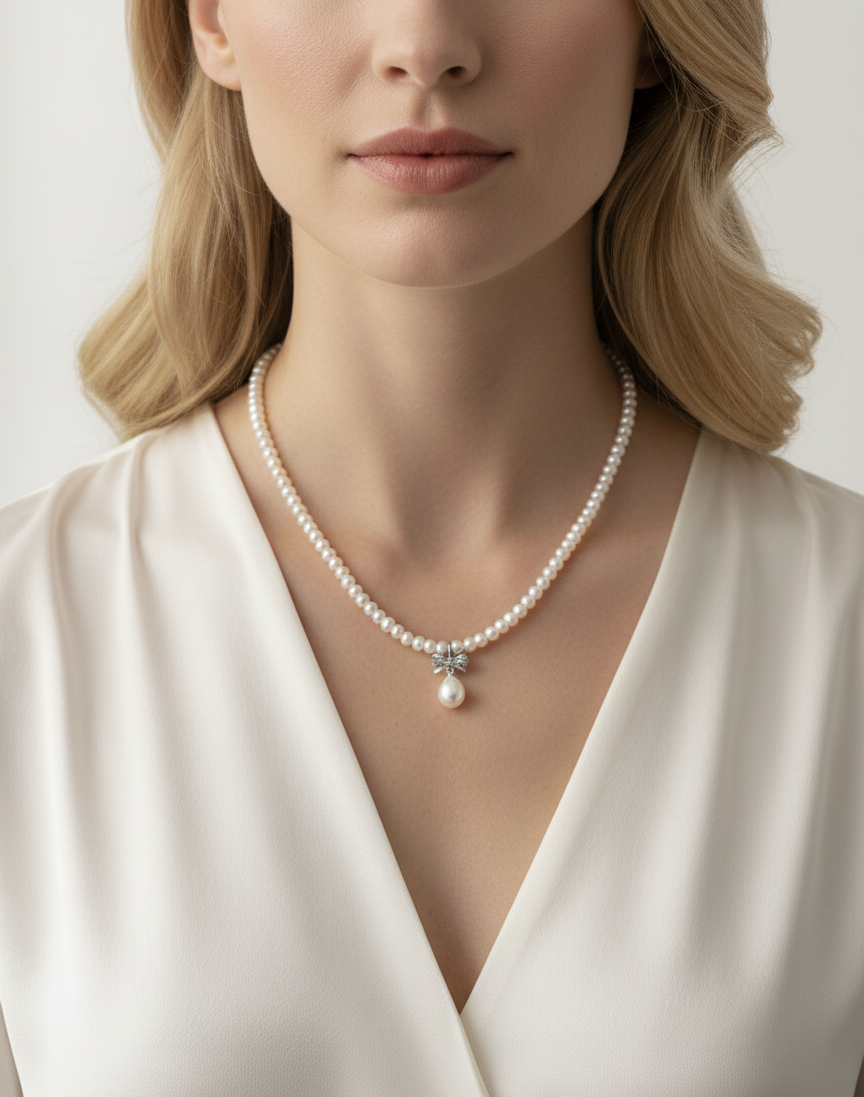 S925 Sterling Silver Freshwater Pearl Necklace with Bow Pendant