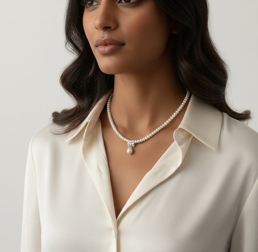 S925 Sterling Silver Freshwater Pearl Necklace with Bow Pendant