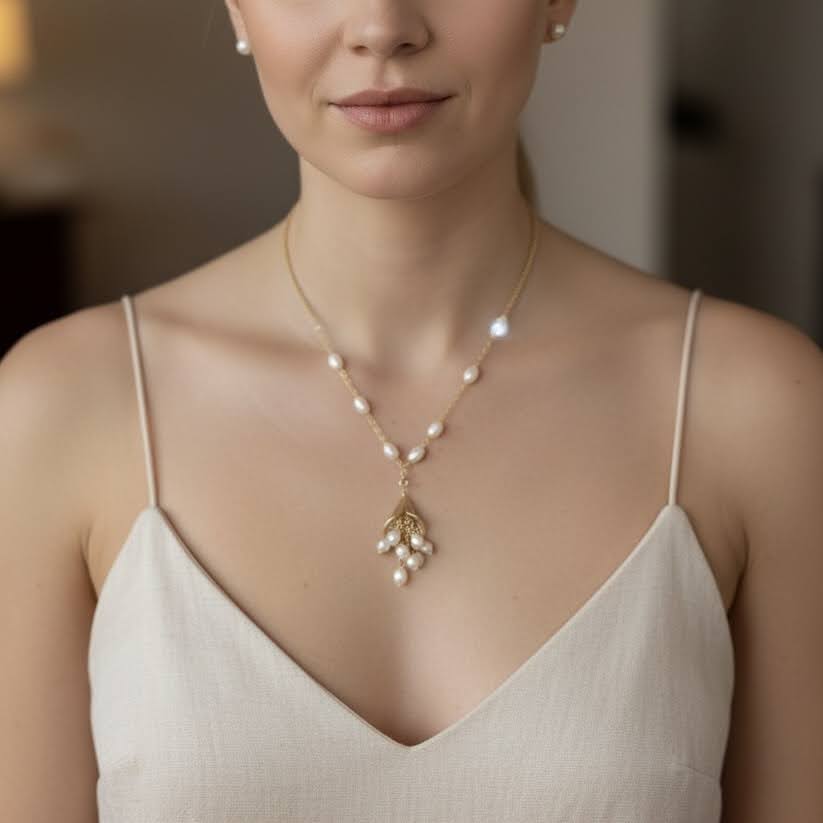 Elegant Gold & Freshwater Pearl Necklace – Botanical Blossom Pendant