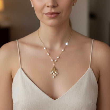 Elegant Gold & Freshwater Pearl Necklace – Botanical Blossom Pendant