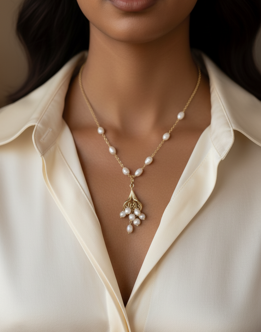 Elegant Gold & Freshwater Pearl Necklace – Botanical Blossom Pendant