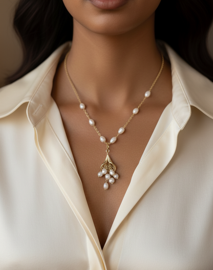 Elegant Gold & Freshwater Pearl Necklace – Botanical Blossom Pendant