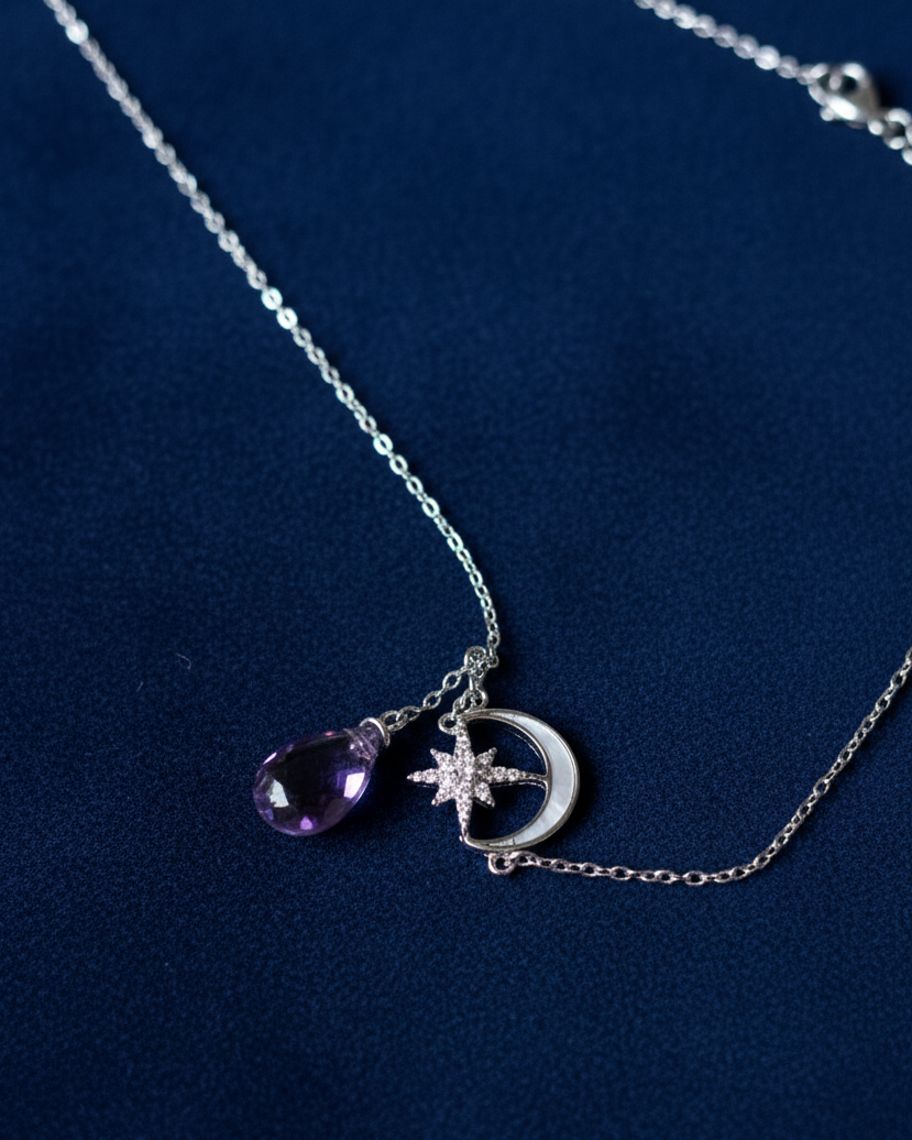 S925 Sterling Silver Moon & Star Necklace with Amethyst Drop